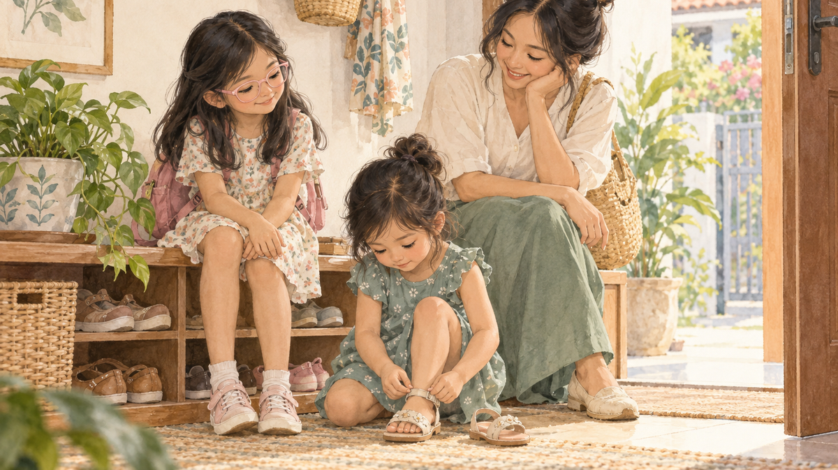 Watercolor illustration of a mother patiently watching two daughters get ready by the door; the older girl wears pale pink glasses.