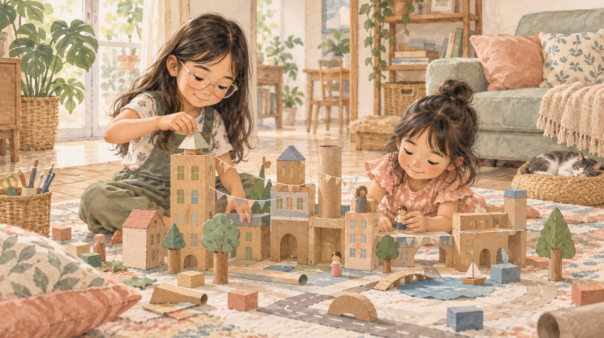 Watercolor illustration of two sisters creating a cardboard city together at home.