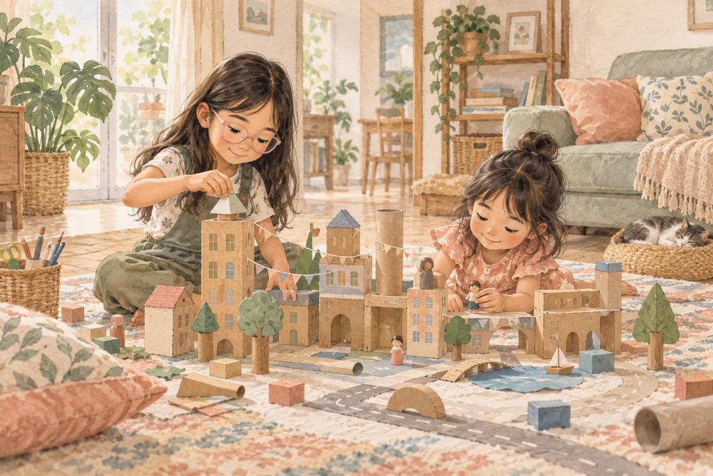 Watercolor illustration of two sisters creating a cardboard city together at home.