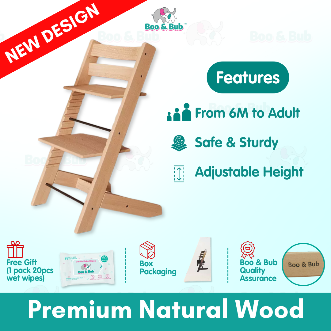 Nordic Design Wooden Children Baby High Chair | Height Adjustable Solid Wood Highchair for Kids Feeding Dining - Boo & Bub
