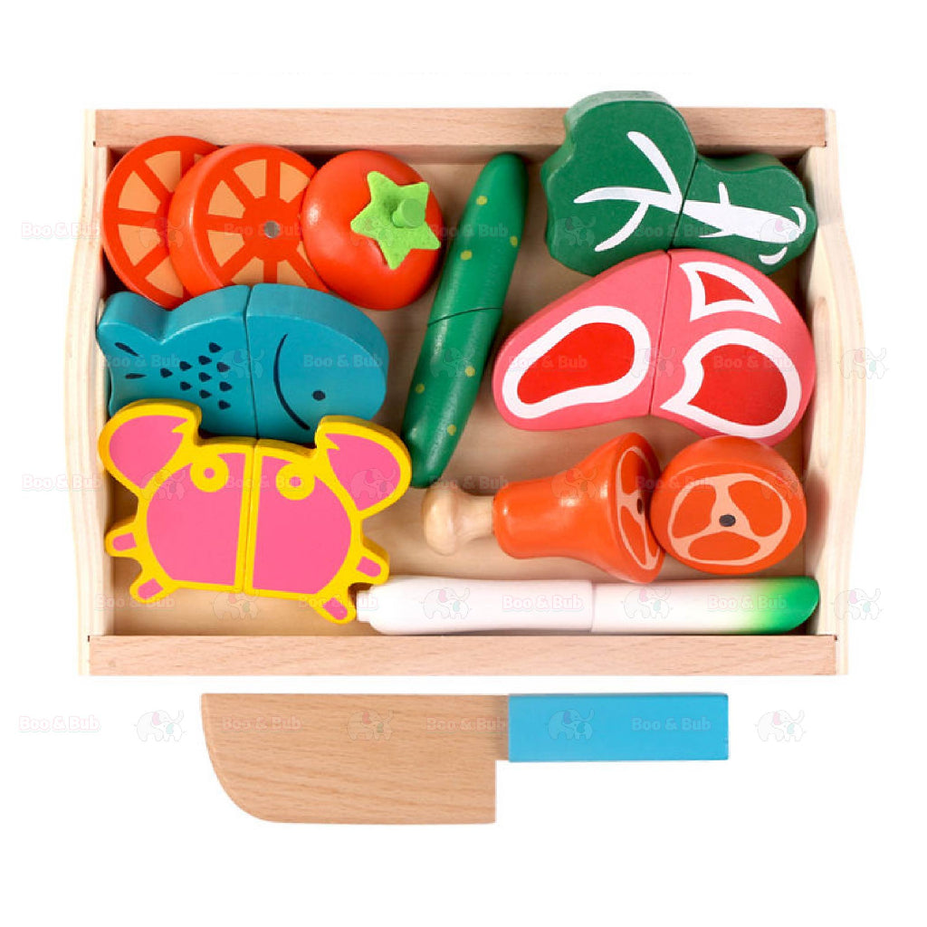 Boo&Bub Wooden Food Cooking Simulation | Tableware Children Kitchen Pretend Play Toy Fruit Vegetable Pizza Cutting - Boo & Bub
