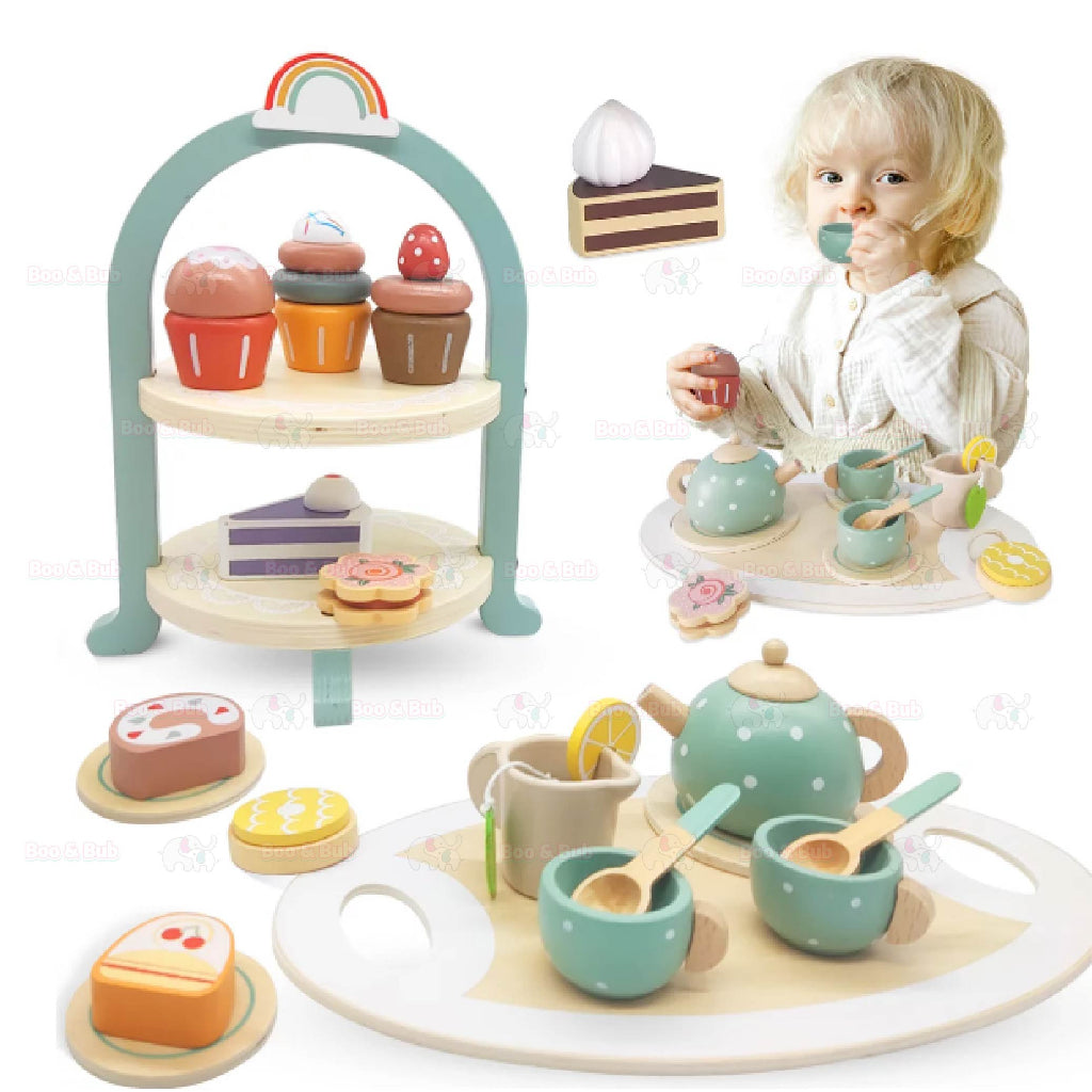 Boo&Bub Wooden dessert tea set | Pretend food cupcake set for preschool kids | Kids development toy birthday gift - Boo & Bub