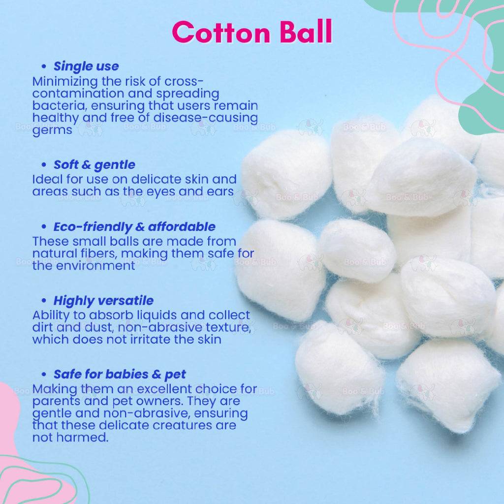 Boo&Bub 100pcs Cotton Ball High Quality 100% Pure | Kapas Bulat | Cleaning Cotton Balls | Disposable Cotton Balls - Boo & Bub