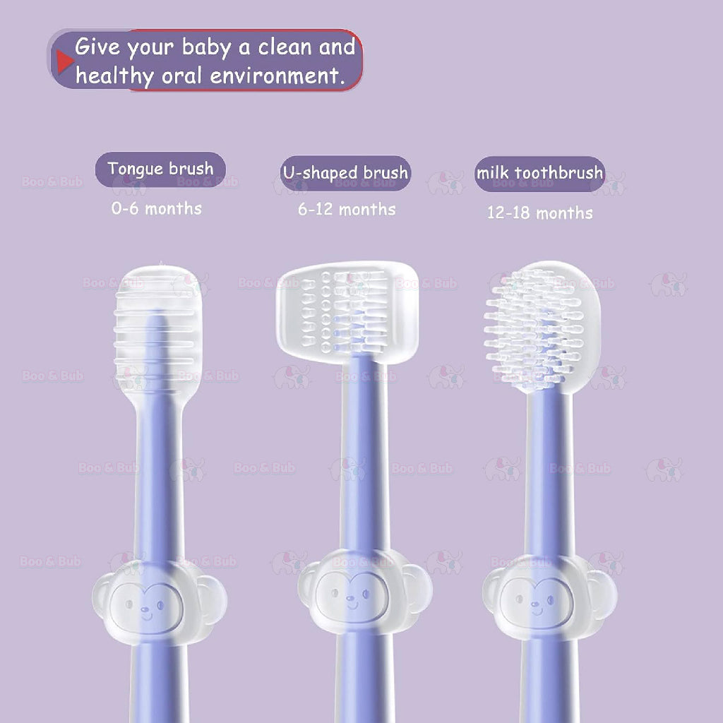 Boo & Bub 3 in 1 Silicone Baby Toothbrush Cup set Infant Oral Care Tongue Cleaner Baby Soft Toothbrush berus gigi baby - Boo & Bub