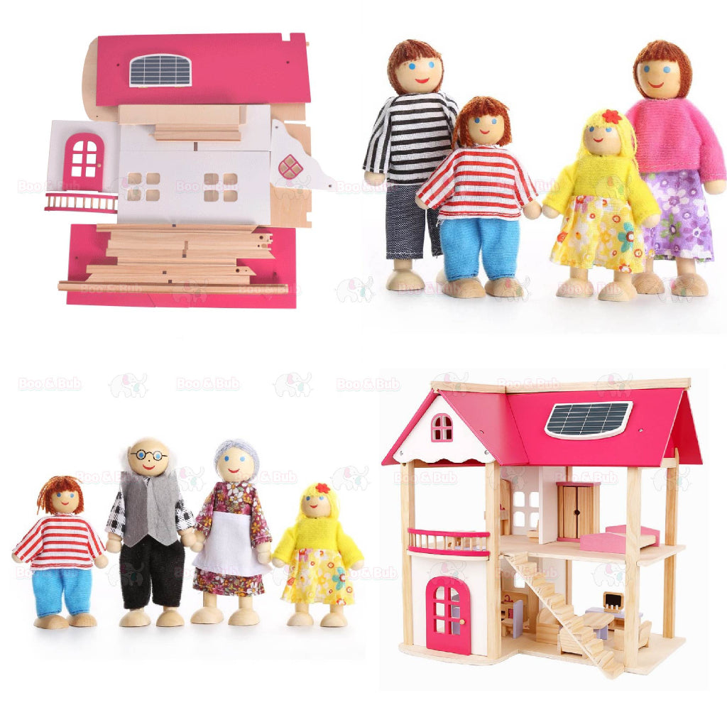 Boo&Bub Kids Pretend Play Toys Pink Wooden Dollhouse Wooden Dolls House Toys for Girls Princess Furniture set - Boo & Bub