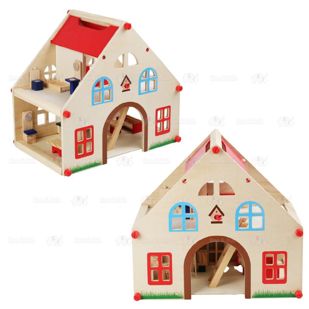 Boo&Bub Kids Pretend Play Toys Pink Wooden Dollhouse Wooden Dolls House Toys for Girls Princess Furniture set - Boo & Bub