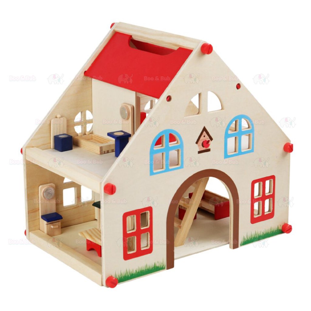 Boo&Bub Kids Pretend Play Toys Pink Wooden Dollhouse Wooden Dolls House Toys for Girls Princess Furniture set - Boo & Bub