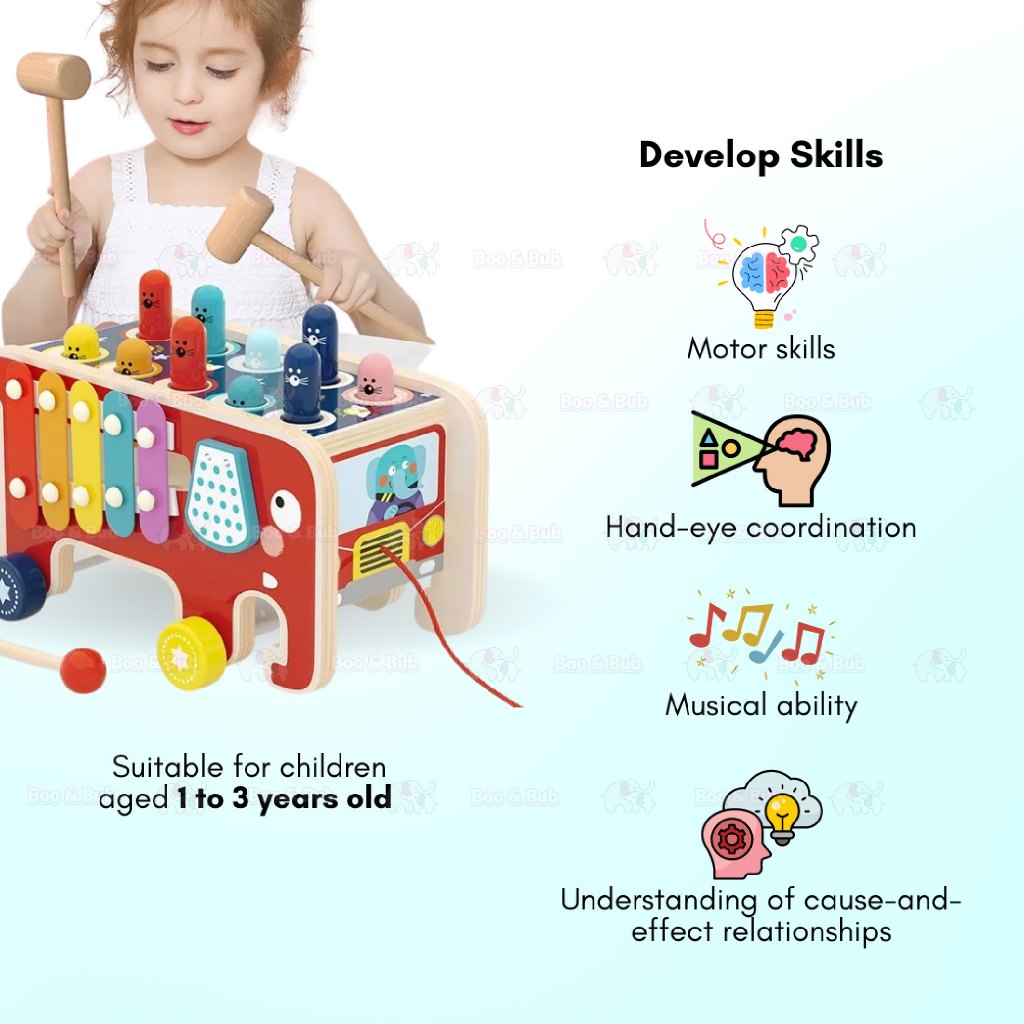 Boo&Bub Wooden Hammer Toys Whack a Mole Game for Kid Pounding Bench Wooden Early Learning Educational Montessori Toys - Boo & Bub
