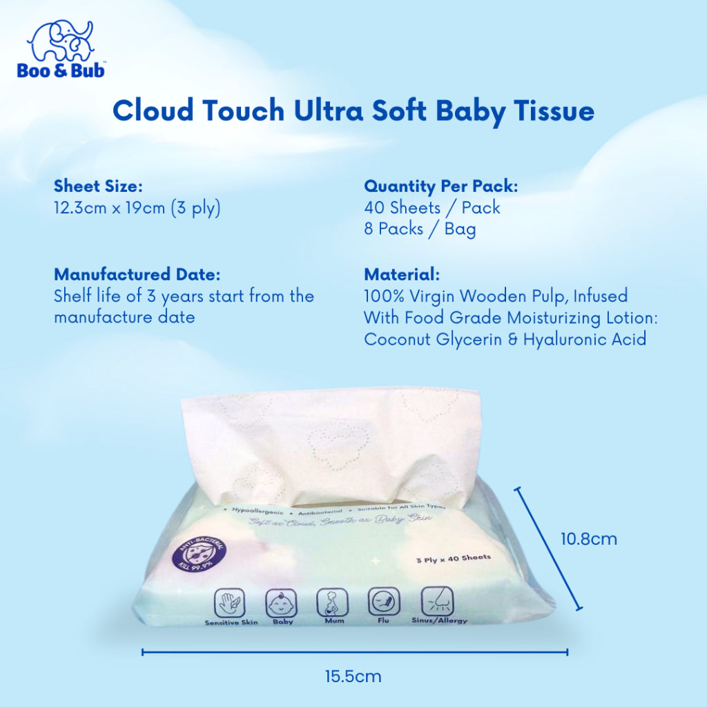 Boo&Bub Cloud Touch Ultra Soft Baby Tissue Moisturizing Lotion Tissue (40's x 8 packs) Facial tissues for delicate skin - Boo & Bub