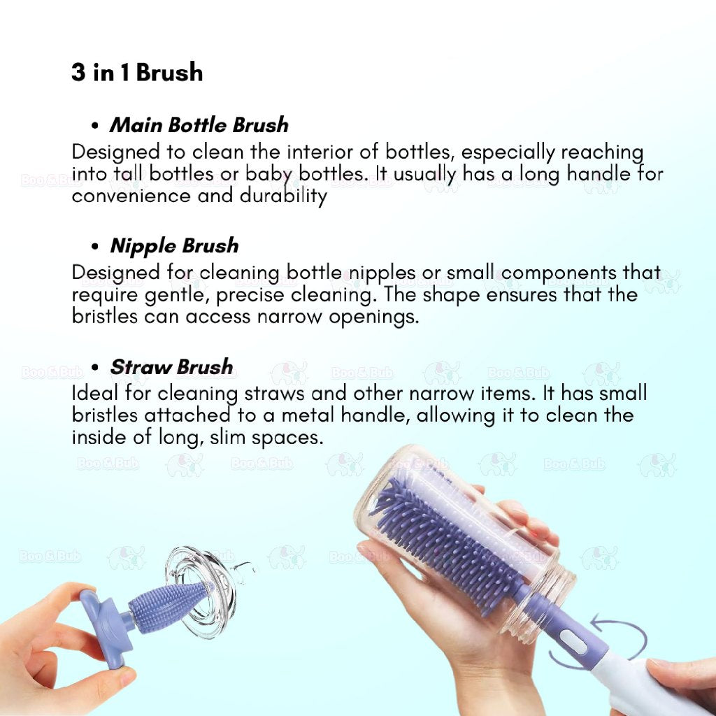 Boo&Bub 3in1 Cleaning Brush | Baby Bottle Brush Set | Cup Cleaning Tool Water Bottle Cleaner - Boo & Bub