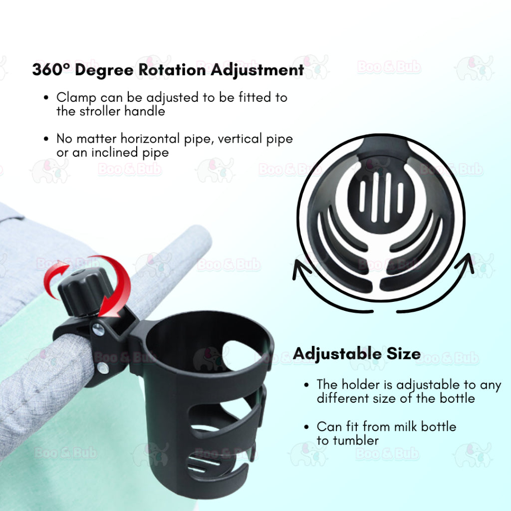 Boo and Bub Baby Stroller Cup Holder Adjustable 360 Rotate PP Material - Boo & Bub