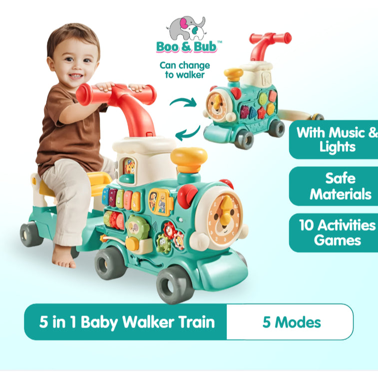 Boo and Bub 5 in1 Baby Walker Train Ultimate Baby Walker Stand-to-Sit Trolley High Quality Kids Gift For Toddler Learn - Boo & Bub
