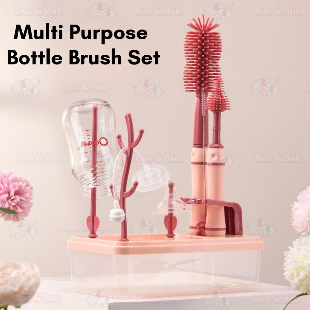 Boo & Bub Brush and Bottle Rack Box Set Soft Silicone Milk Bottle Brush 360° Rotating Handle Baby Bottle Rack Set - Boo & Bub