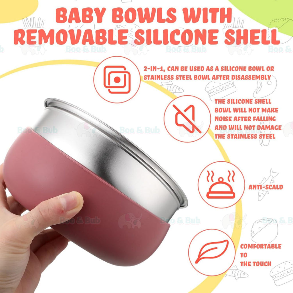 Boo&Bub Baby Stainless Steel Tableware Set 5pcs BPA-Free Silikon Hisap Anti-Tumpah Set Pinggan Mangkuk Bayi 儿童餐具 吸盘防滑 - Boo & Bub