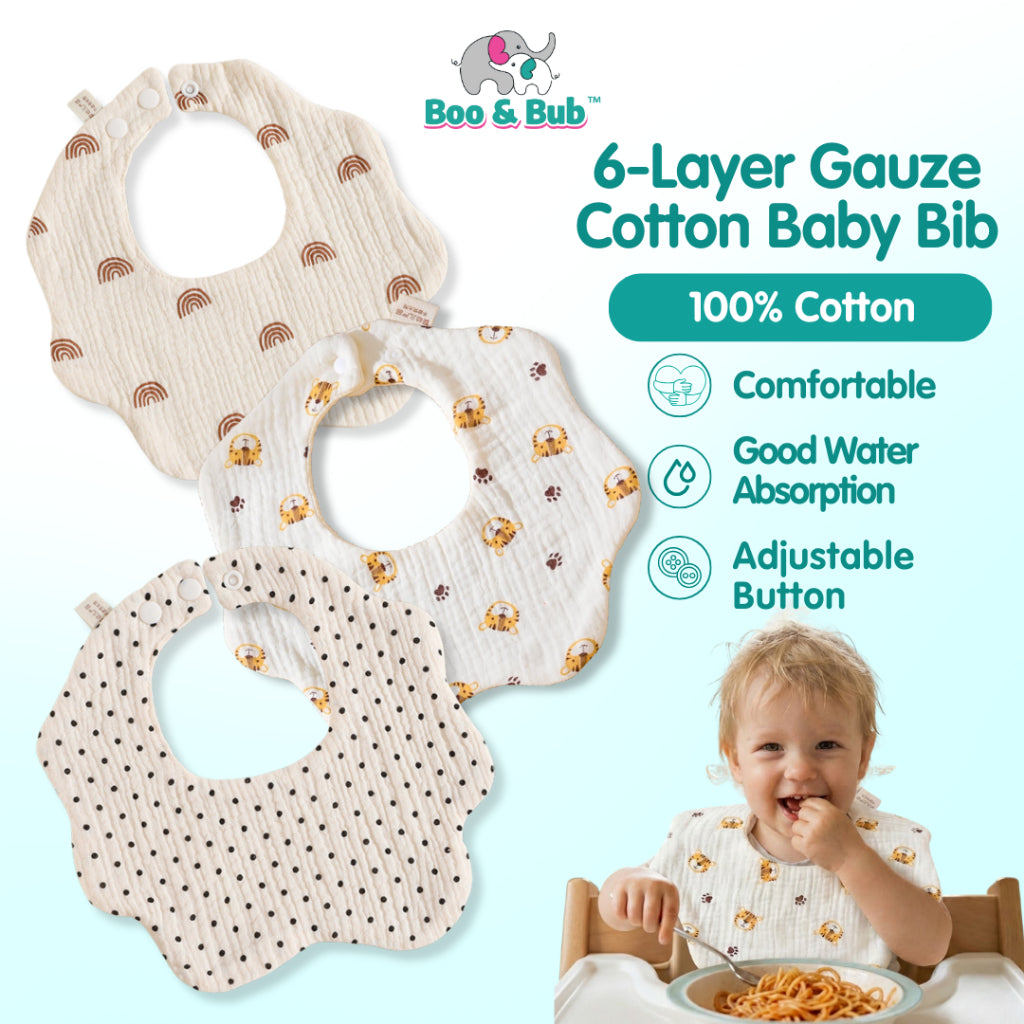 Boo&Bub 6 layers Baby Bib Cotton Bib Baby Saliva Towel Newborn Baby Saliva Bib Soft Washable drooling Bib 新生儿围兜 柔软可洗 吸水 - Boo & Bub