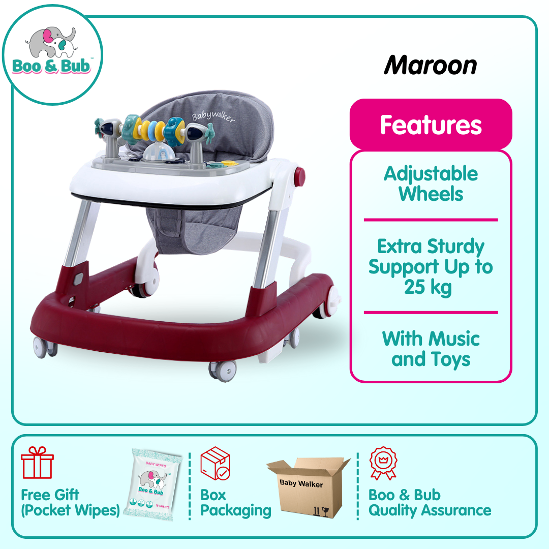 Boo&Bub 3in1 Baby Walker infant Learning Walking Car With Music Foldable Toddler Four Wheels Trolley Walk Assistance - Boo & Bub