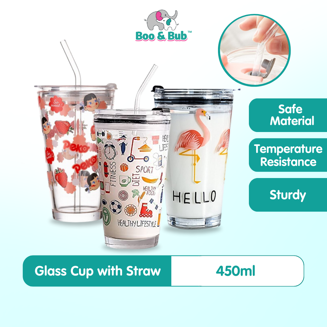 450ML Glass Cup | Juice Straw Mug with Scale Transparent Graffiti Style Kid Gift Portable Milk Drink Water Bottle - Boo & Bub
