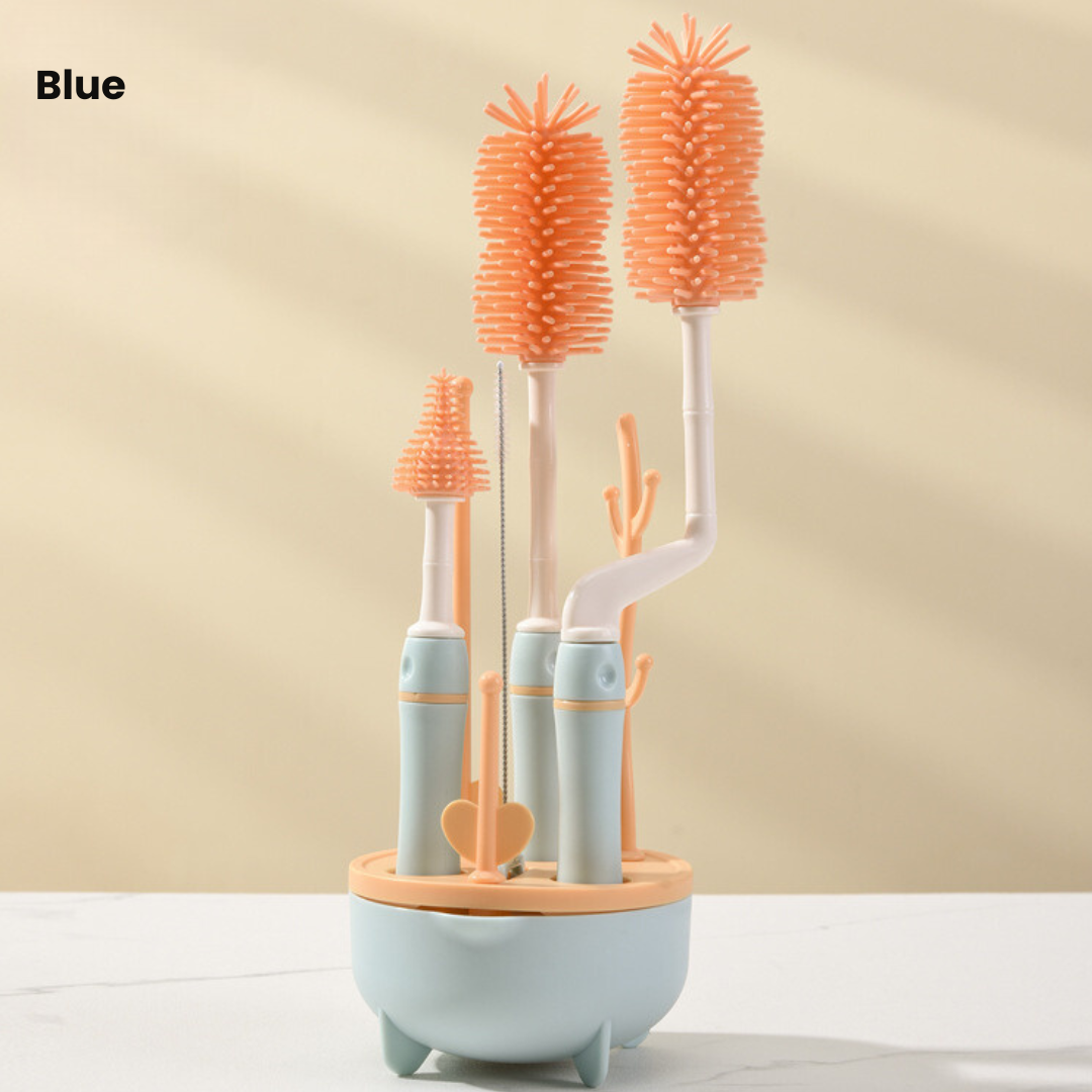 3 Pcs Baby Feeding Bottle Cleaning Brushes Set | Rotary Handle Milk Bottle Washing Nipple Cleaner Soft Silicone - Boo & Bub