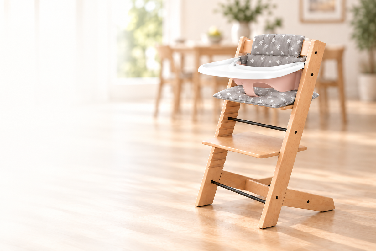 Nordic wooden high chair styled with optional pink baby set, white tray and grey star cushions