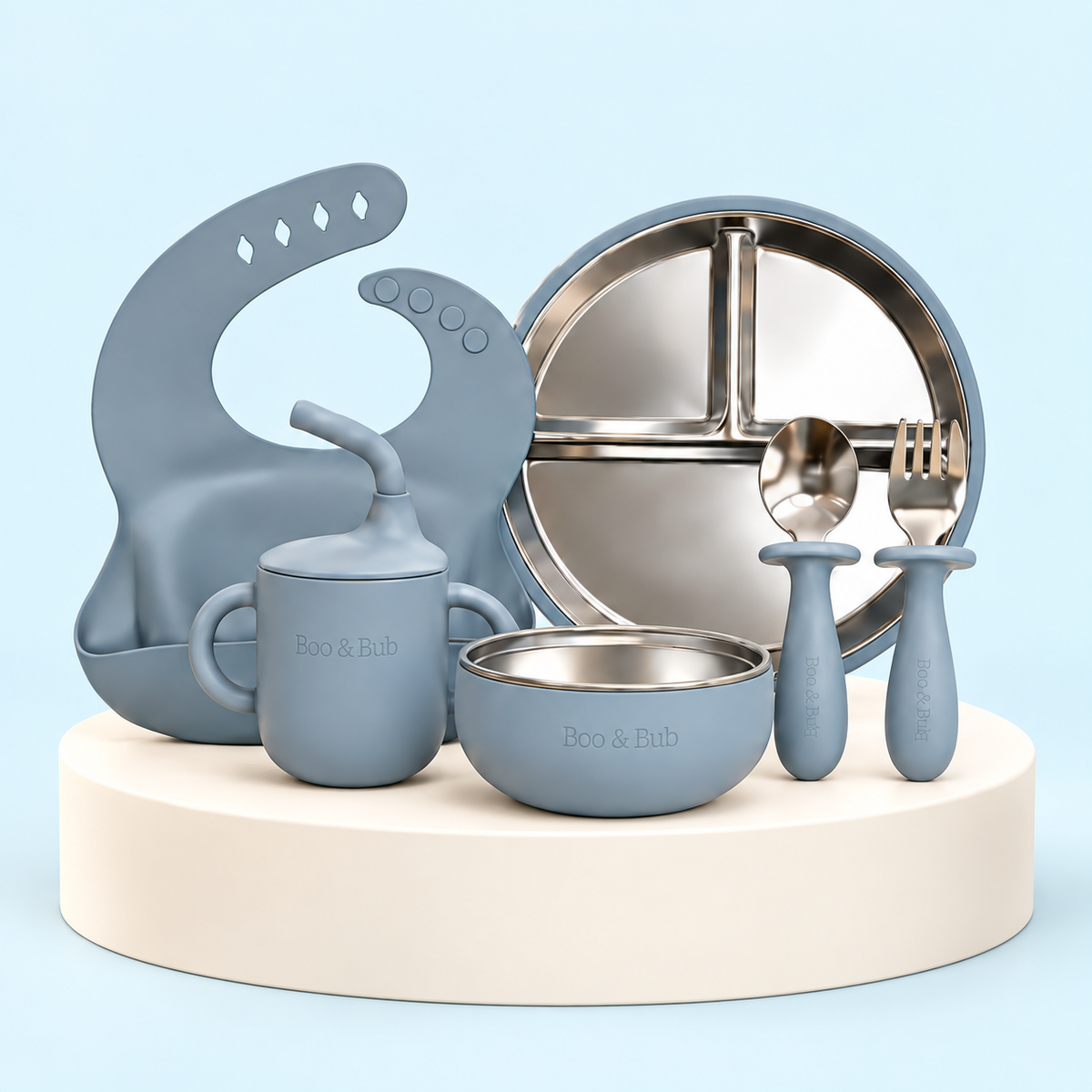 Blue-grey stainless-steel tableware set