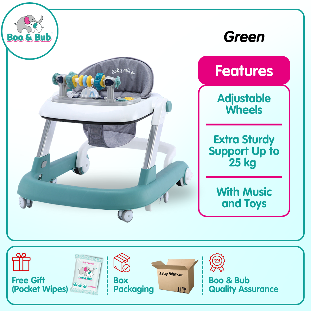 Boo&Bub 3in1 Baby Walker infant Learning Walking Car With Music Foldable Toddler Four Wheels Trolley Walk Assistance - Boo & Bub