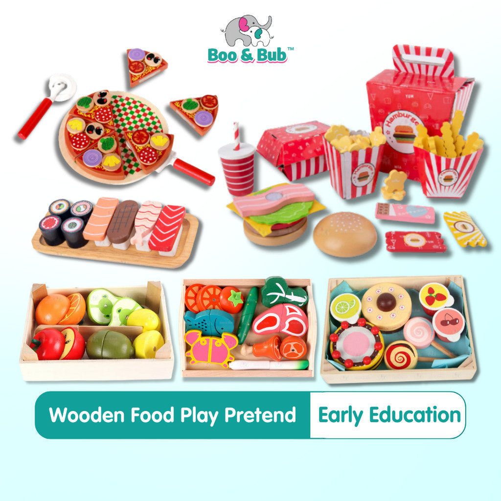Boo&Bub Wooden Food Cooking Simulation | Tableware Children Kitchen Pretend Play Toy Fruit Vegetable Pizza Cutting - Boo & Bub