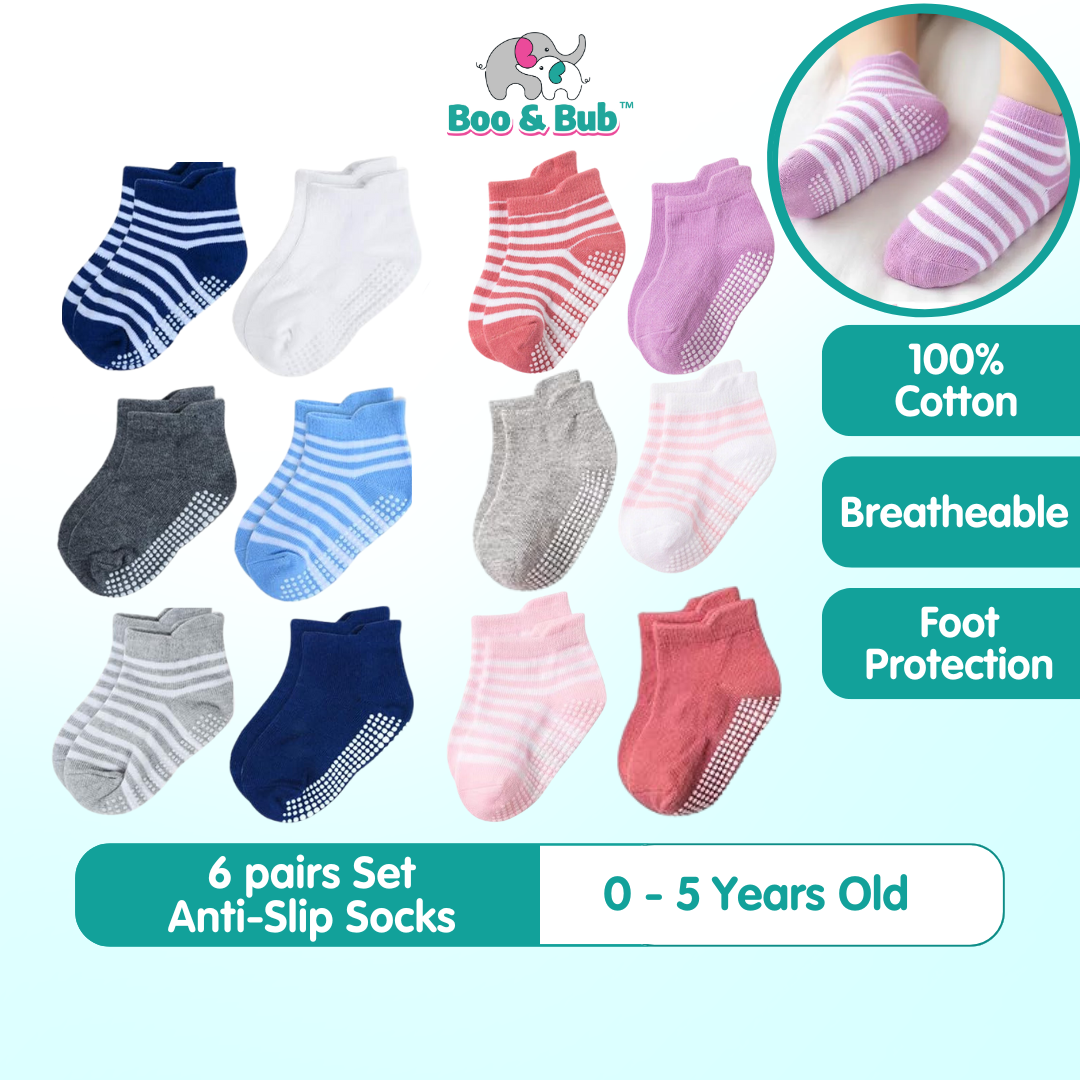6 Pairs - 0 to 5 Years Anti-slip Socks | Cotton Ankle Grips Baby Toddler Kids Boys Girls breathable Comfortable Sport - Boo & Bub
