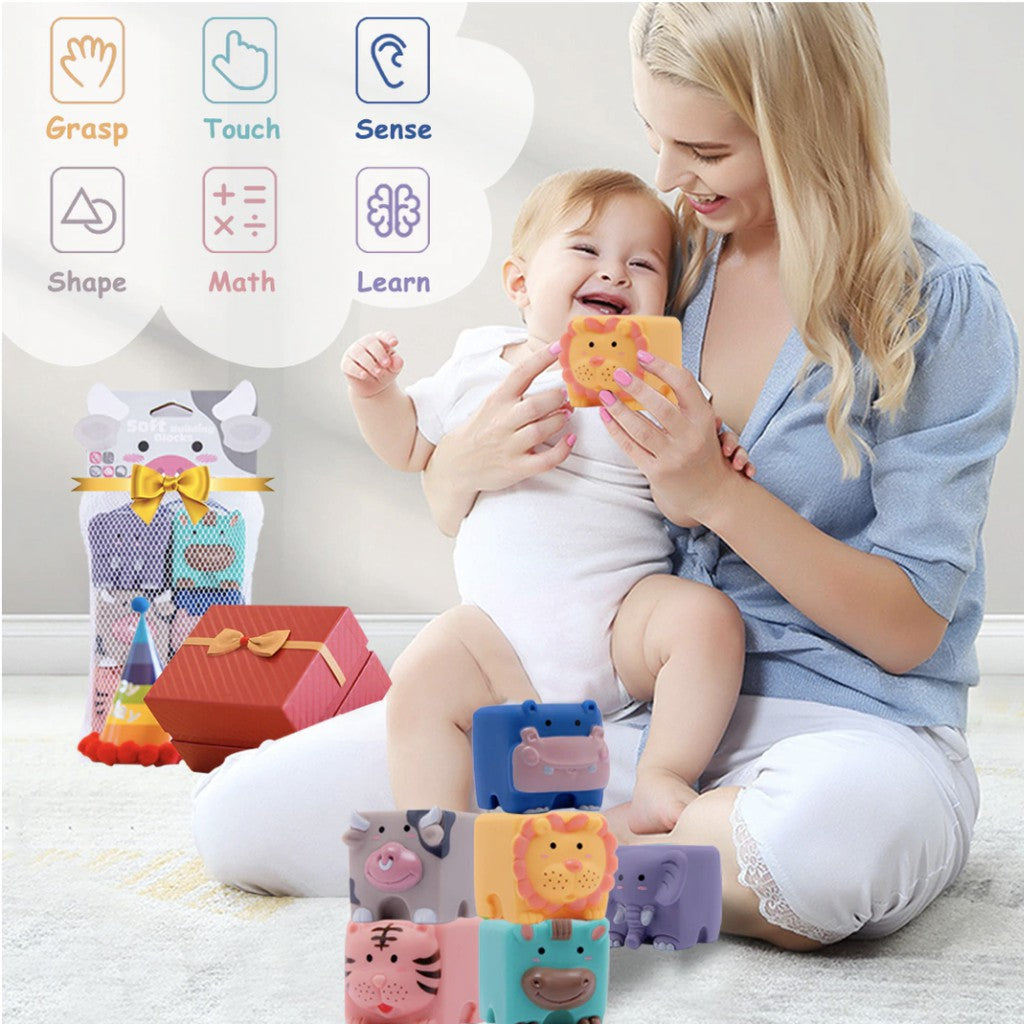 3D Baby Rubber Bath Cube Toy | Kid sensory Building Blocks Soft Ball Stacking Early Education Learning Play toys - Boo & Bub