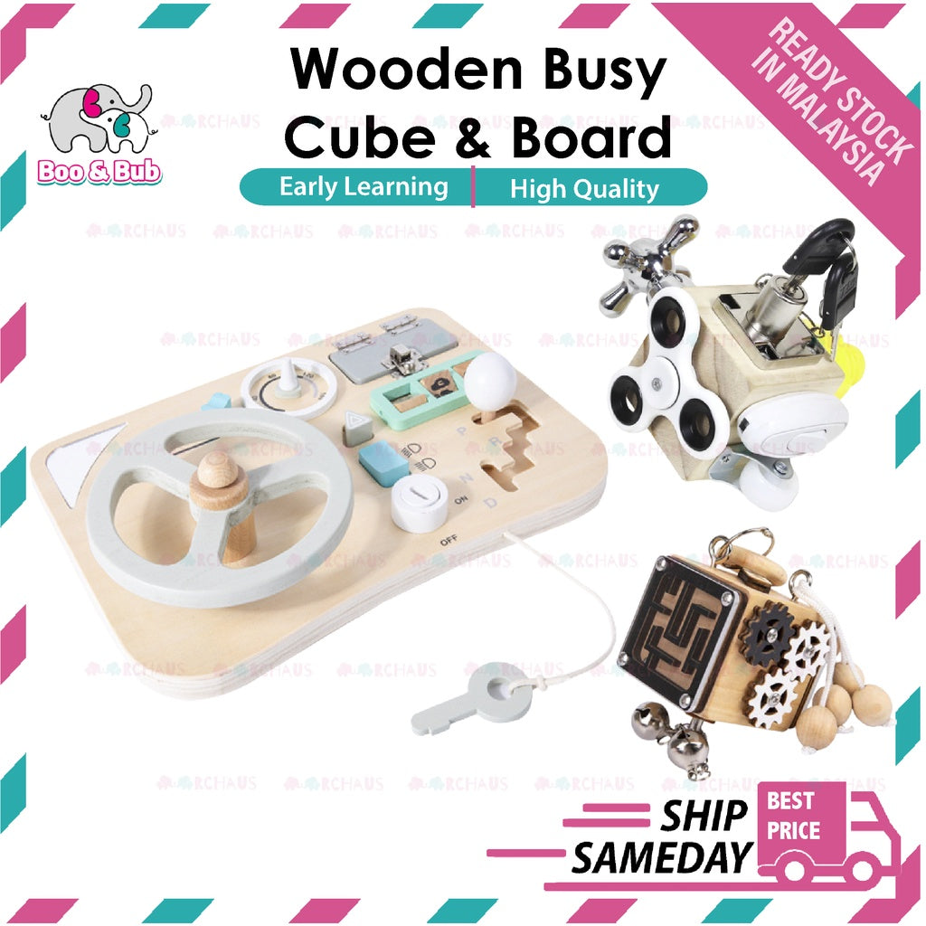 Wooden Busy Activity Cube Board | Montessori Early Educational Learning Baby Toys Ability Brain Training - Boo & Bub
