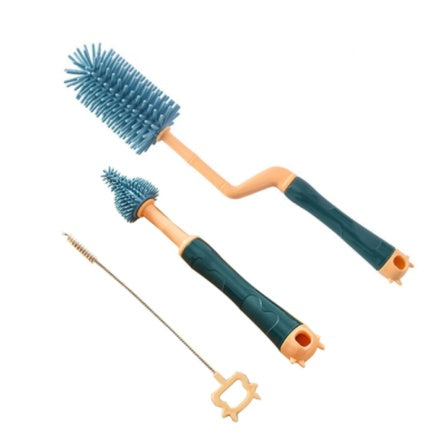 3 Pcs Baby Feeding Bottle Cleaning Brushes Set | Rotary Handle Milk Bottle Washing Nipple Cleaner Soft Silicone - Boo & Bub