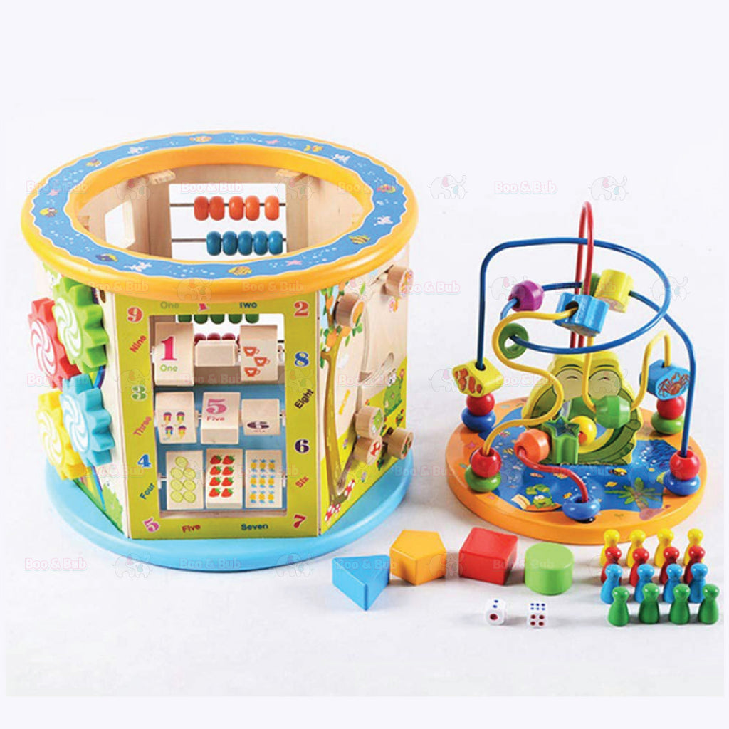Boo&Bub Montessori Educational Toy Wooden 8 in 1 Multipurpose Activity Cube Center Toys | Abacus Wooden Beads - Boo & Bub
