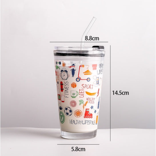 450ML Glass Cup | Juice Straw Mug with Scale Transparent Graffiti Style Kid Gift Portable Milk Drink Water Bottle - Boo & Bub