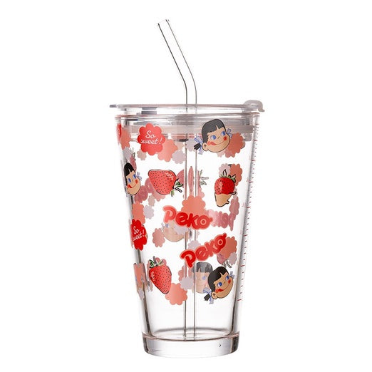 450ML Glass Cup | Juice Straw Mug with Scale Transparent Graffiti Style Kid Gift Portable Milk Drink Water Bottle - Boo & Bub