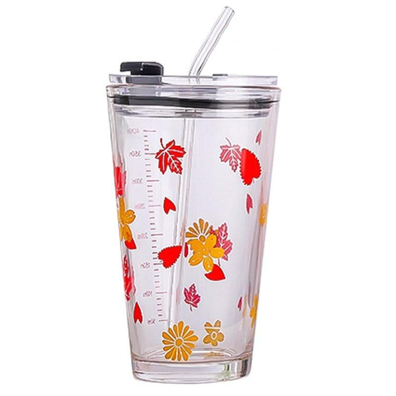 450ML Glass Cup | Juice Straw Mug with Scale Transparent Graffiti Style Kid Gift Portable Milk Drink Water Bottle - Boo & Bub