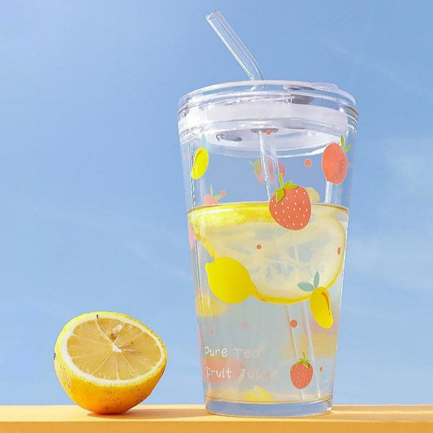 450ML Glass Cup | Juice Straw Mug with Scale Transparent Graffiti Style Kid Gift Portable Milk Drink Water Bottle - Boo & Bub