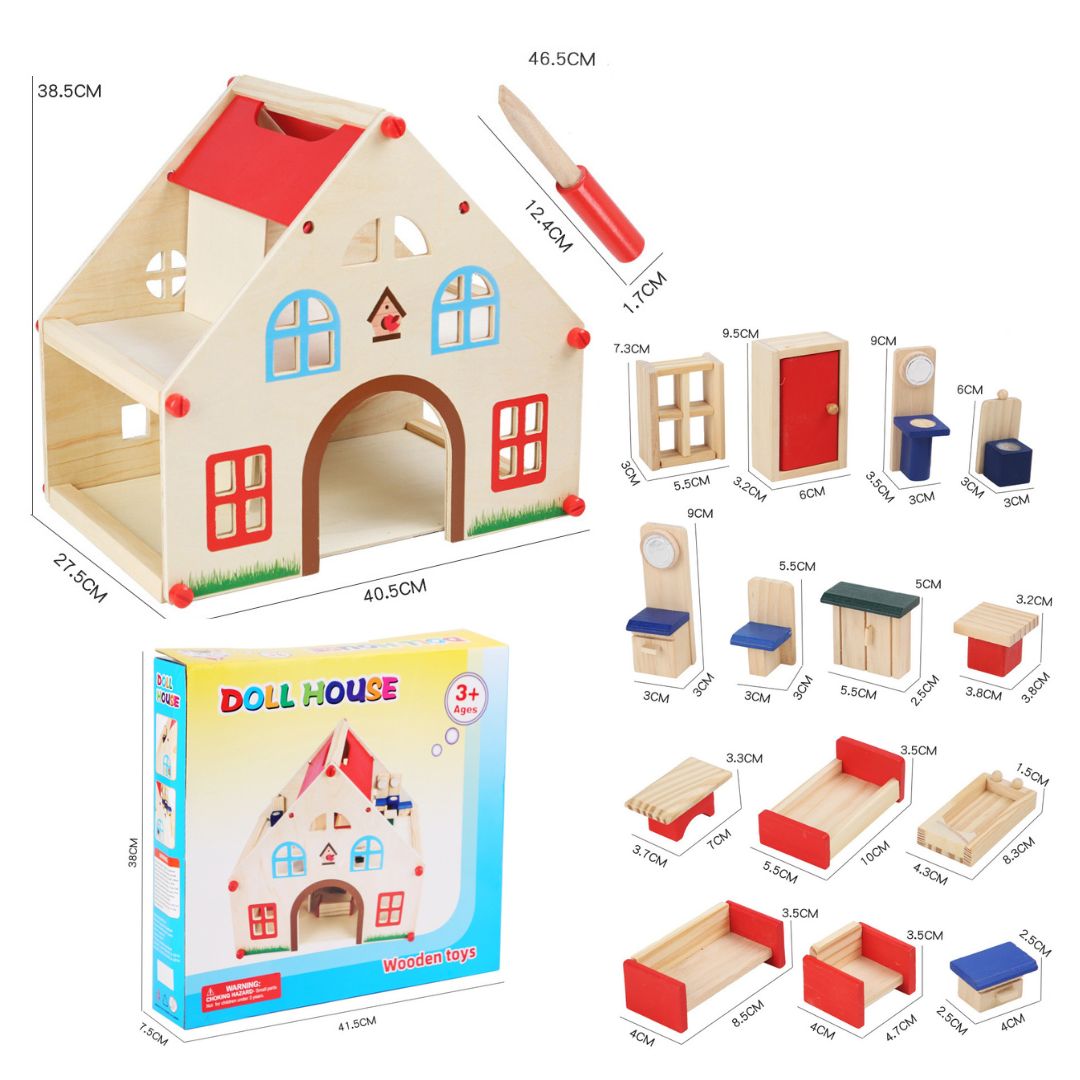 Boo&Bub Kids Pretend Play Toys Pink Wooden Dollhouse Wooden Dolls House Toys for Girls Princess Furniture set - Boo & Bub