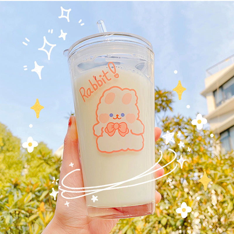 450ML Glass Cup | Juice Straw Mug with Scale Transparent Graffiti Style Kid Gift Portable Milk Drink Water Bottle - Boo & Bub