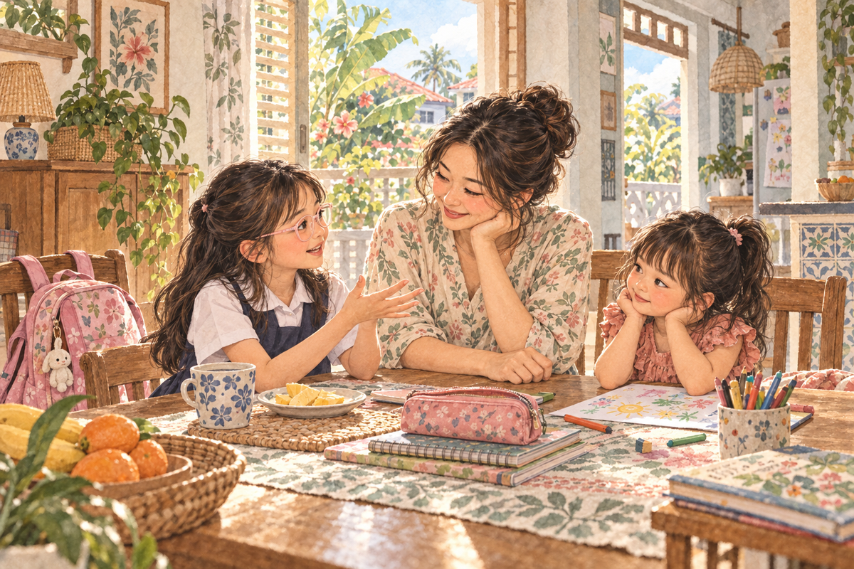 Watercolour illustration of a mother listening as her two daughters share small moments from their school day at home.