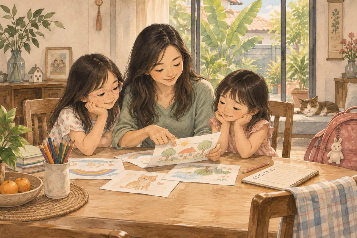 Watercolor illustration of a mother and two daughters settling at a table after school in a warm Malaysian home.