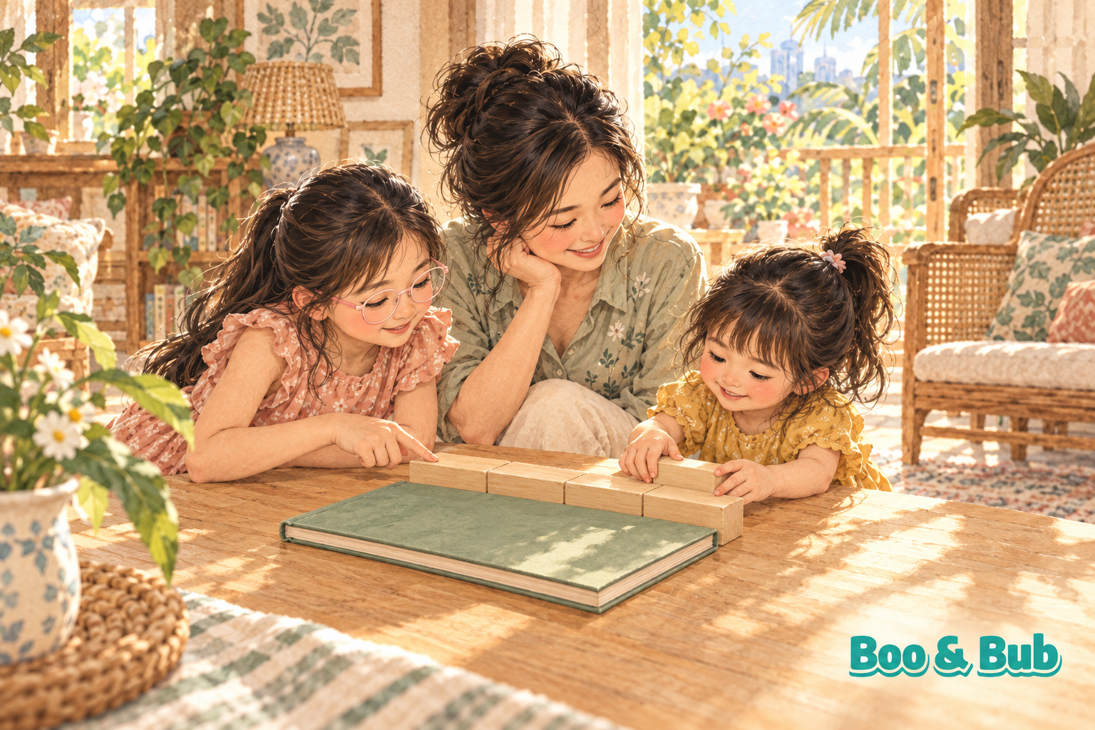 A mother and two daughters explore the length of a closed book with equal wooden blocks; the older daughter wears pale-pink glasses.