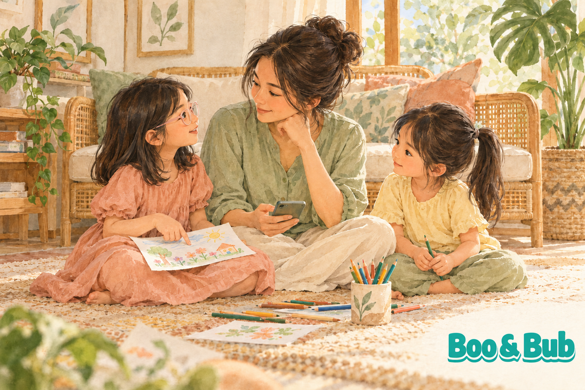 A mother pauses with her phone lowered and listens to her two daughters beside a drawing; the older daughter wears pale-pink glasses.