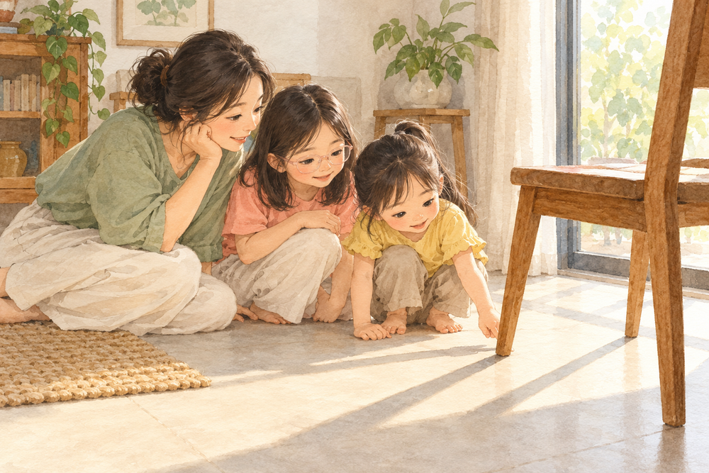 A mother and two daughters notice a wooden chair's shadow by a bright window; the older daughter wears pale-pink glasses.