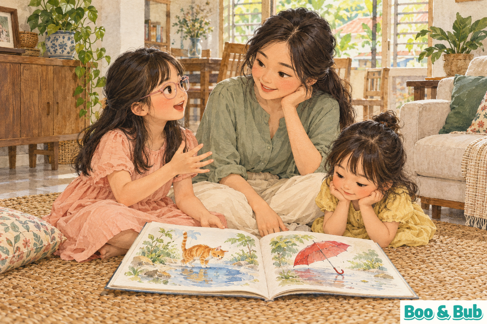 A mother listens to her two daughters sharing an original wordless picture book; the older daughter wears pale-pink glasses.