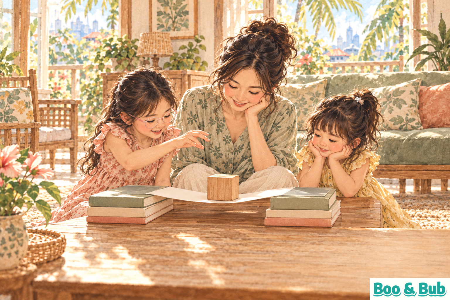 A mother and two daughters observe a wooden block bending a flat paper bridge between equal book stacks; the older daughter wears pale-pink glasses.