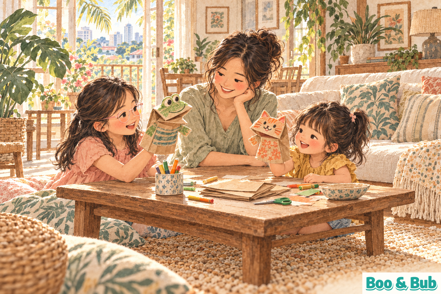 A mother watches her two daughters hold frog and cat paper-bag puppets at a coffee table; the older girl wears pale-pink glasses.