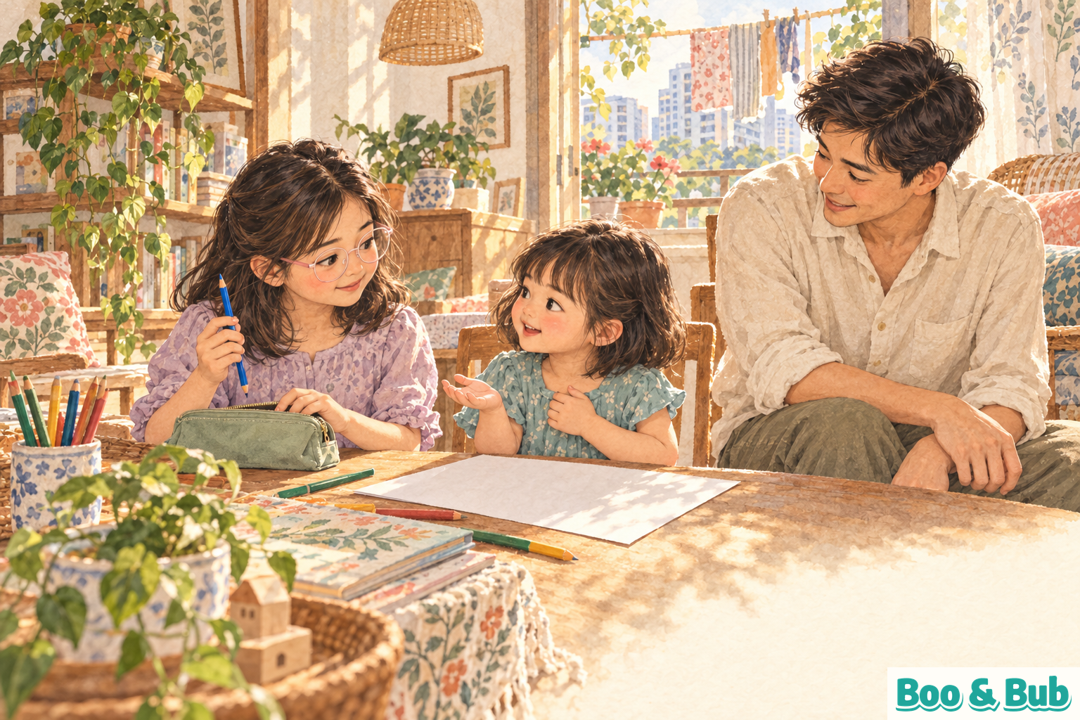 A father watches his younger daughter ask her older sister for a blue pencil beside a sage pencil pouch; the older girl wears pale-pink glasses.