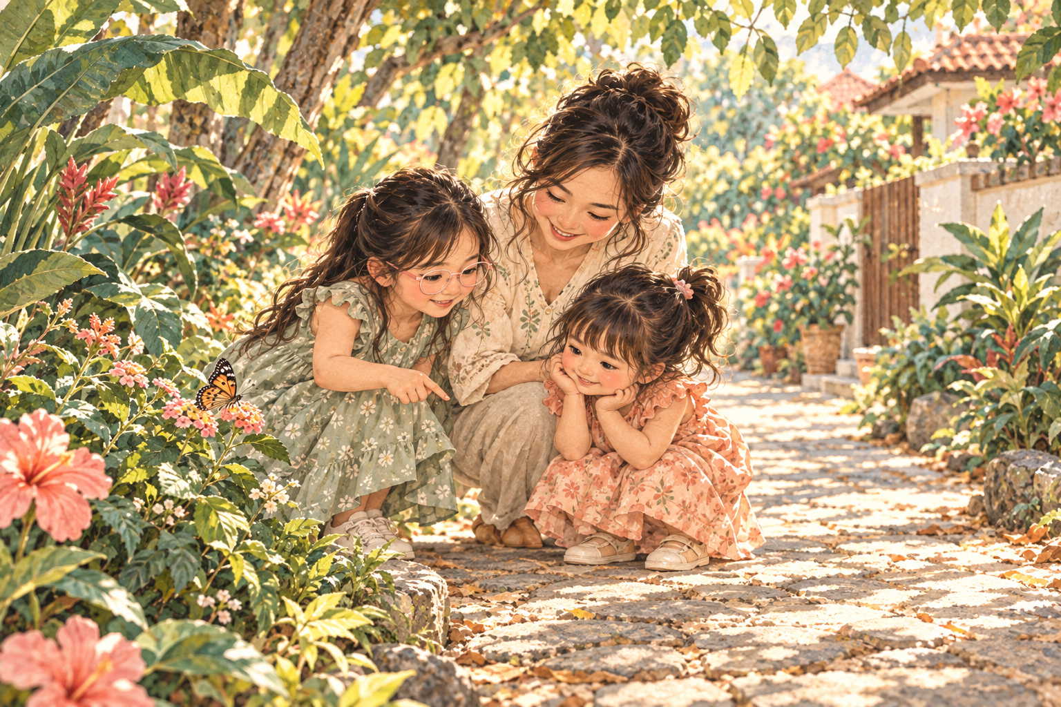 Watercolor illustration of a mother and two girls observing a butterfly on a shaded garden path.