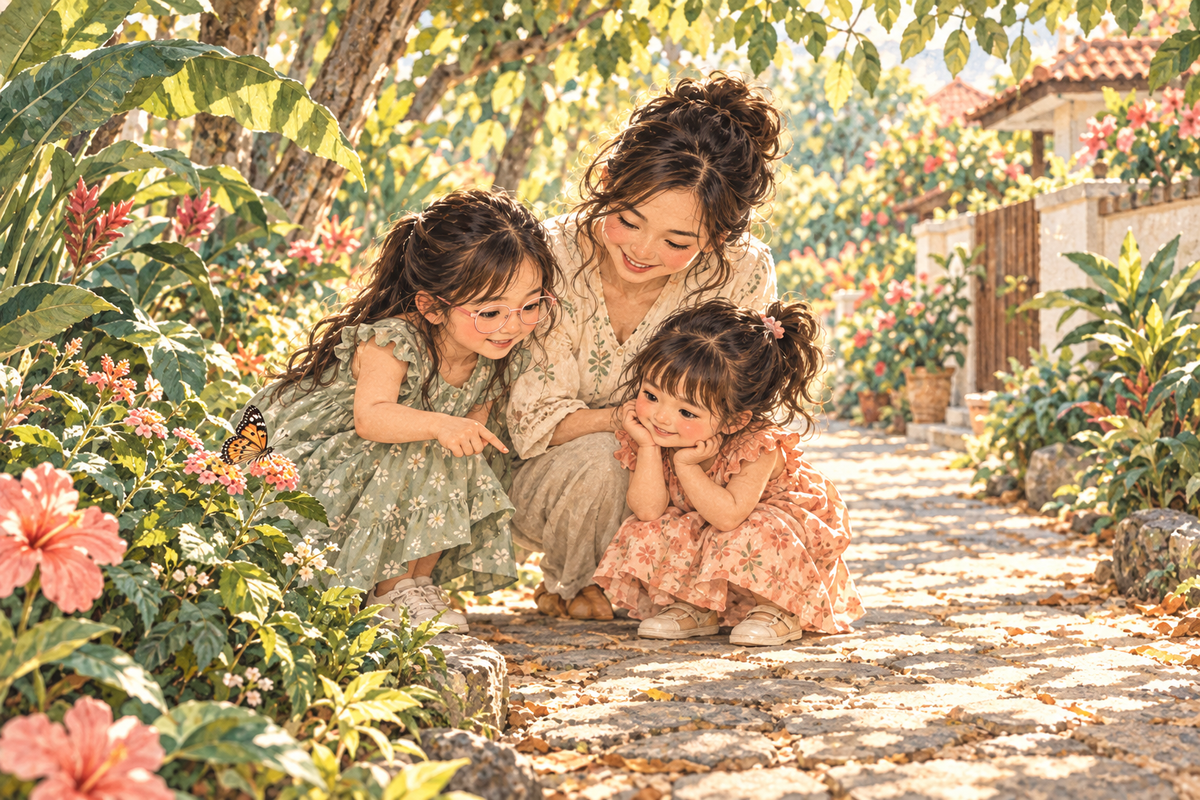 Watercolor illustration of a mother and two girls observing a butterfly on a shaded garden path.