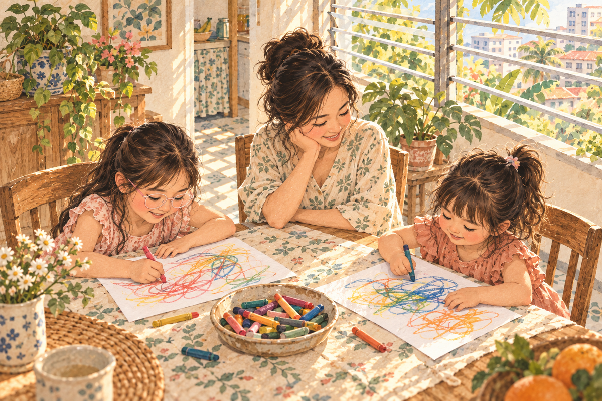 Watercolor illustration of a mother watching two daughters make their own crayon drawings at a dining table.