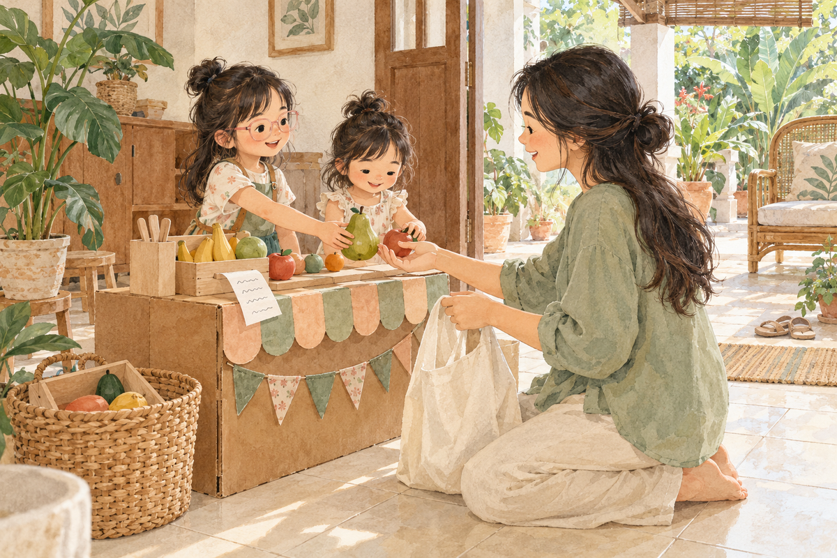 Watercolor illustration of two girls running a pretend fruit shop while their mother visits with a cloth bag.